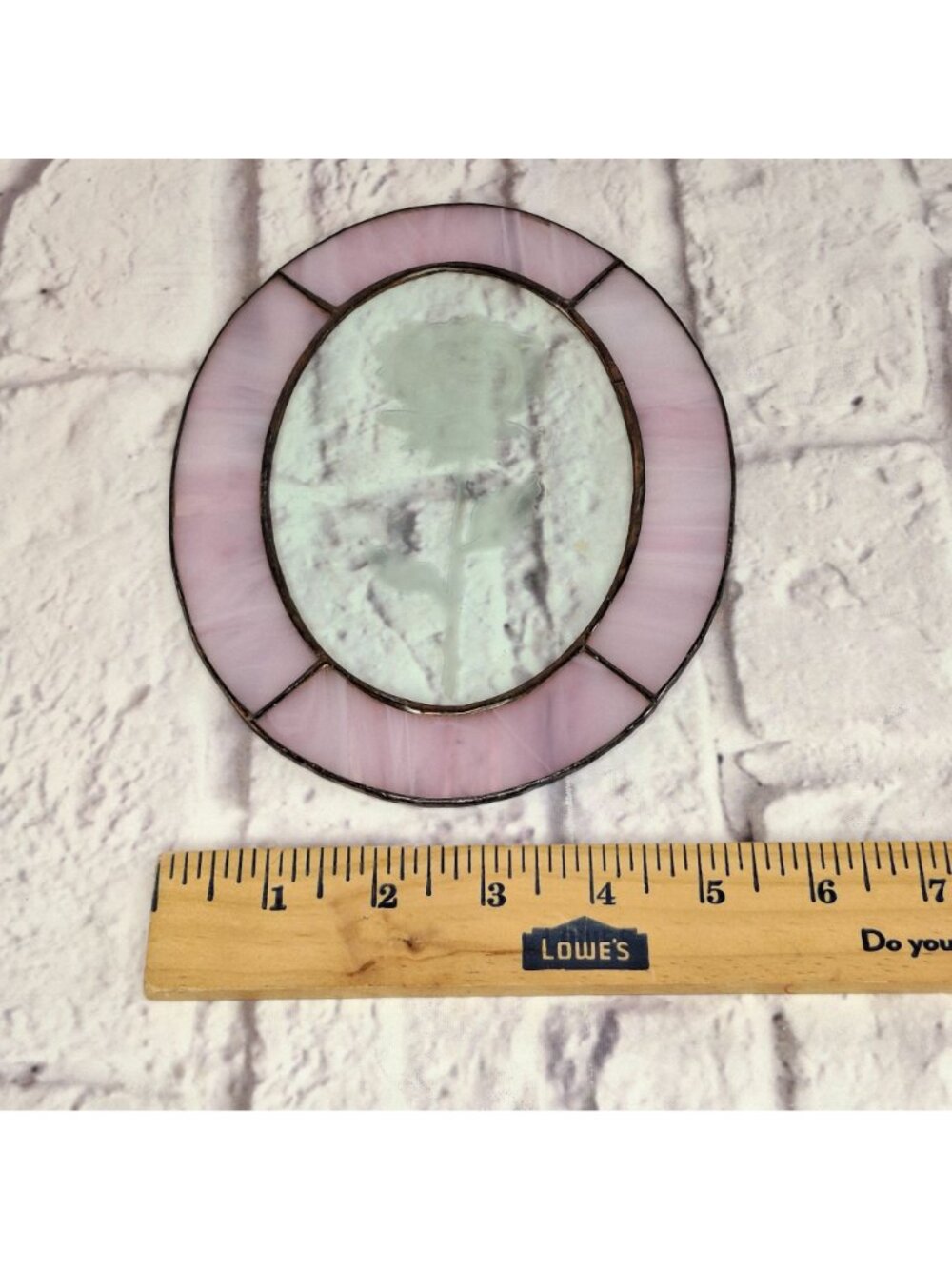 Vintage Stained Glass Sun Catcher Edged Rose Wall Hanger Pink & Clear 8 x 5.5in - Picture 8 of 8